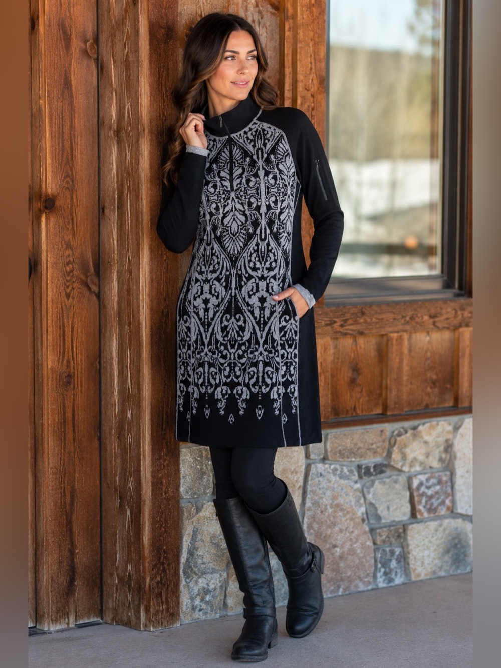 Title Nine Merino Wool Sweater Dress Womens L Black Gray 1/4 Zip Knit Tunic
